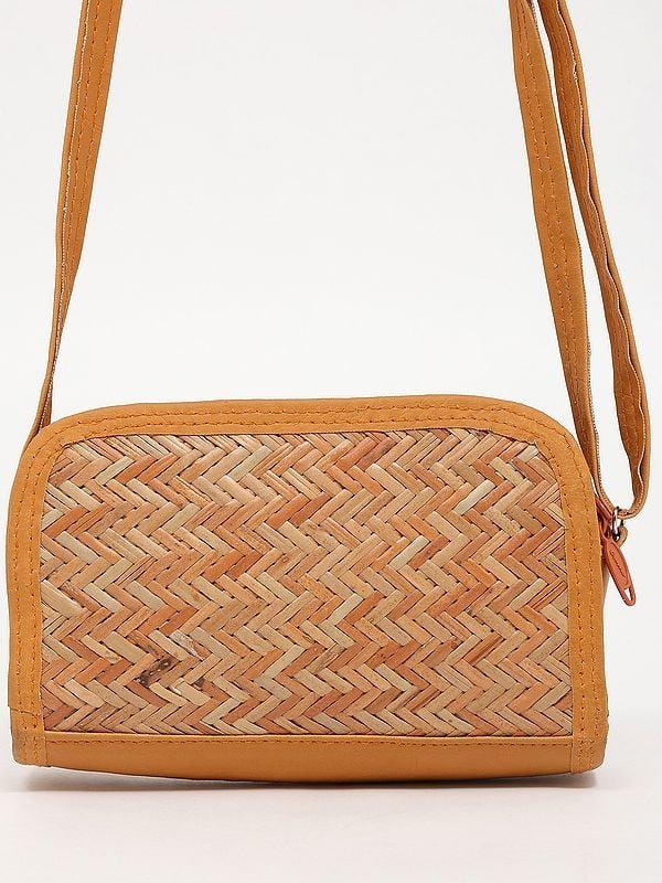 Exotic India Small Dual Zipper Bamboo Sling Bag With Adjustable Strap