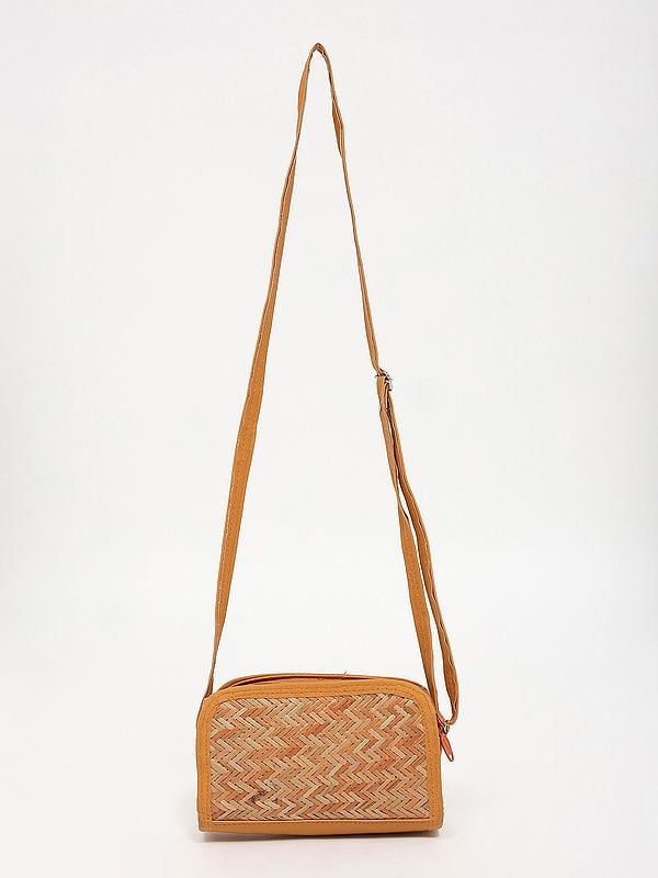 exotic india Small Dual Zipper Bamboo Sling Bag with Adjustable Strap 
