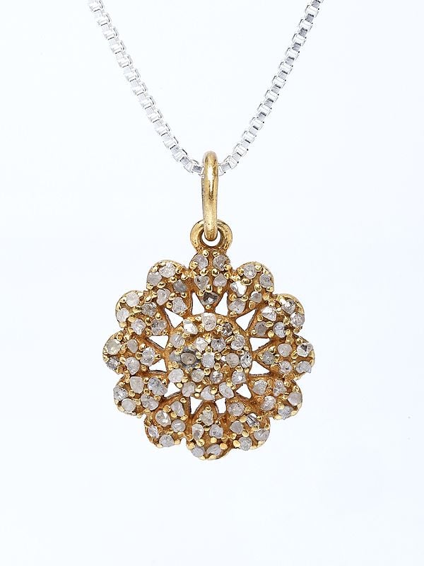 Exotic India Small Gold Plated Sterling Silver Flower Pendant With Diamond 