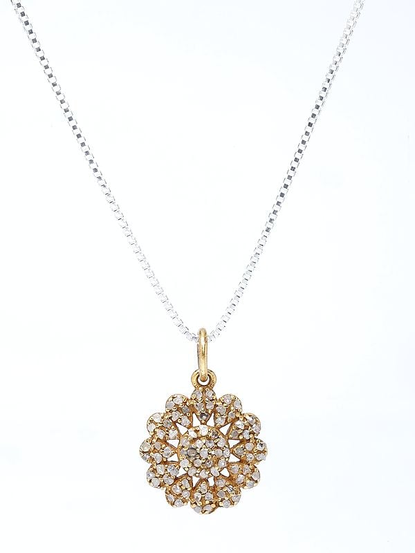 exotic india Small Gold Plated Sterling Silver Flower Pendant with Diamond 