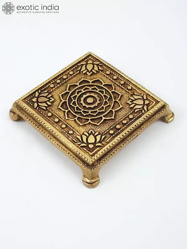 Exotic India Small Size Yantra Design Brass Puja Chowki/Pedestal 