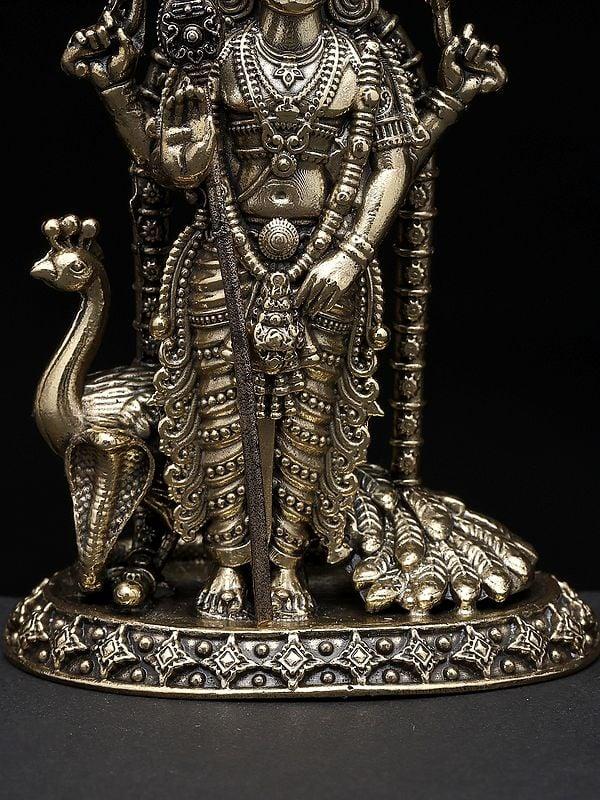 Exotic India Small Standing Superfine Lord Karttikeya (Murugan) With Peacock | Brass Statue 
