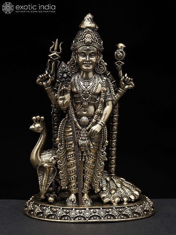 exotic india Small Standing Superfine Lord Karttikeya (Murugan) with Peacock | Brass Statue 