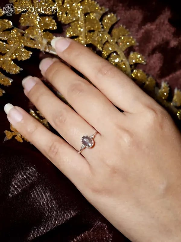 Exotic India Small Sterling Silver Ring With Oval Shape Gemstone 