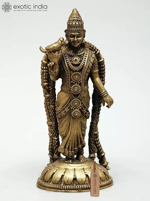 exotic india Small Superfine Goddess Meenakshi with Lotus and Parrot – Symbol of Wisdom & Grace | Ideal for Puja 