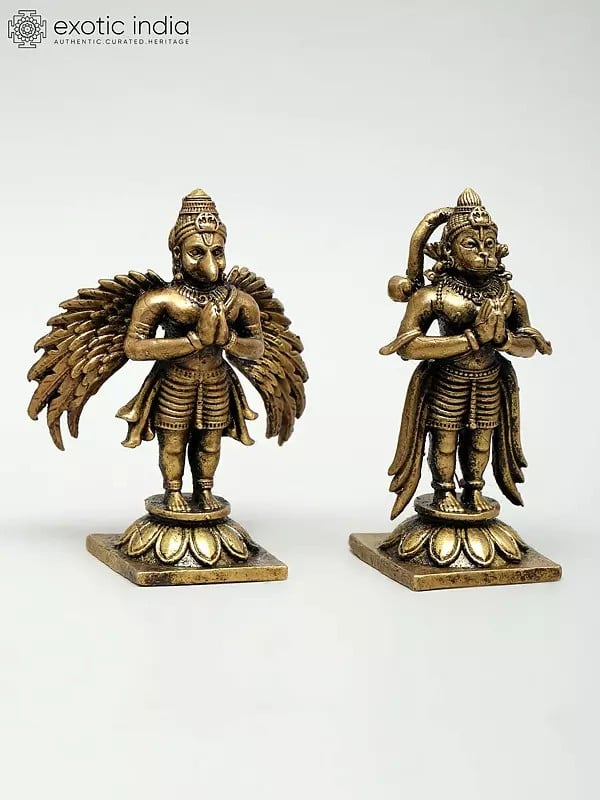 Exotic India Small Superfine Pair Of Lord Hanuman And Garuda Standing In Namaskar Gesture | Ideal For Puja 