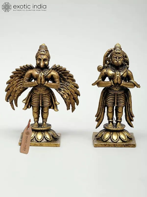 exotic india Small Superfine Pair of Lord Hanuman and Garuda Standing in Namaskar Gesture | Ideal for Puja 