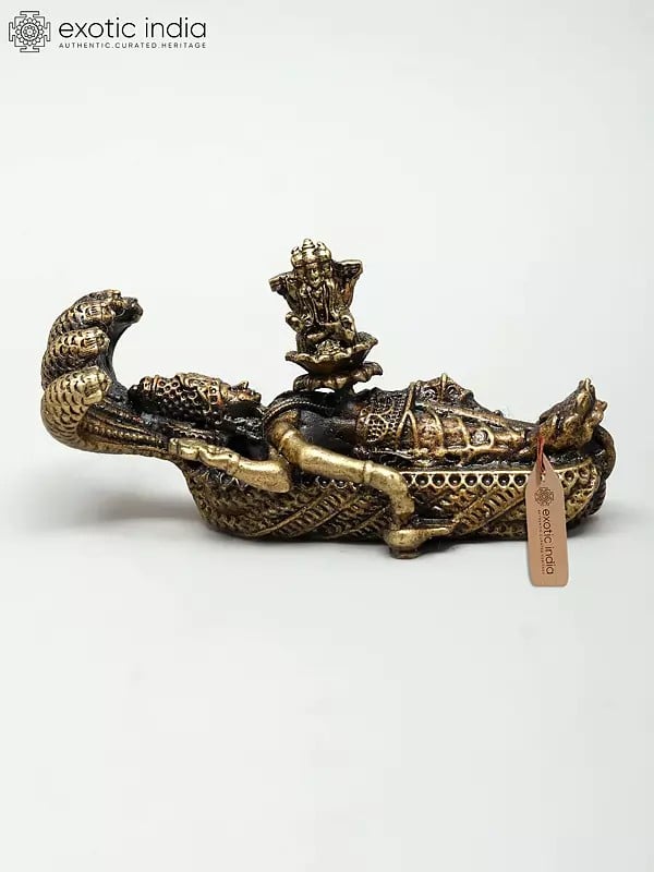 exotic india Small Superfine Sheshashayi Vishnu with Brahma’s Birth on Lotus | Ideal for Puja 