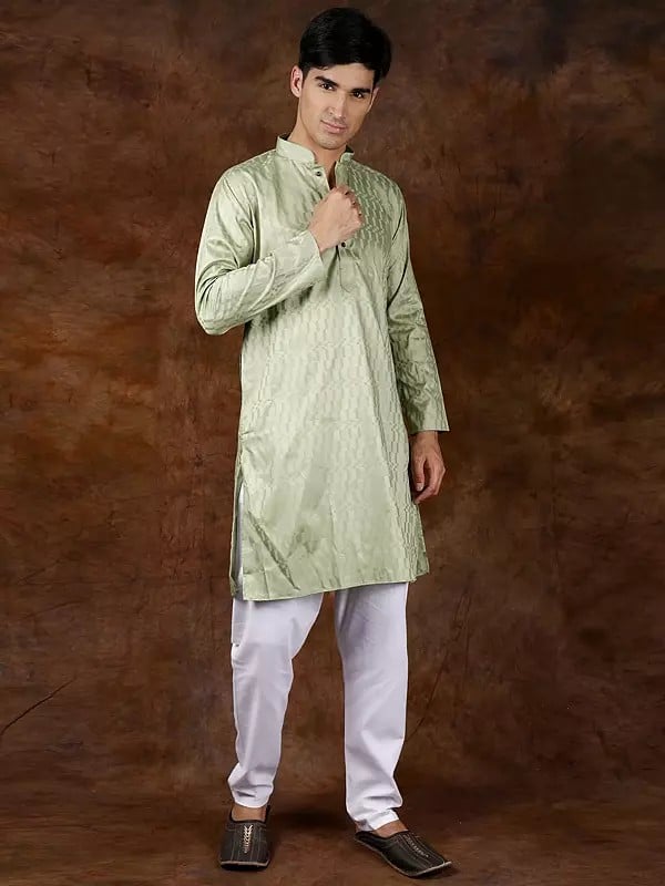 Exotic India Smoke-Green Mandarin Collar Kurta With Self-Weave And White Pajama 
