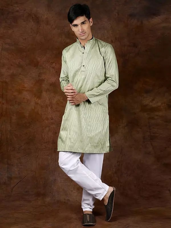 Exotic India Smoke-Green Mandarin Collar Kurta With Self-Weave And White Pajama 