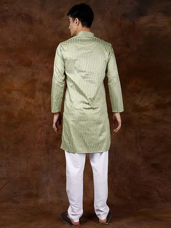 Exotic India Smoke-Green Mandarin Collar Kurta With Self-Weave And White Pajama 