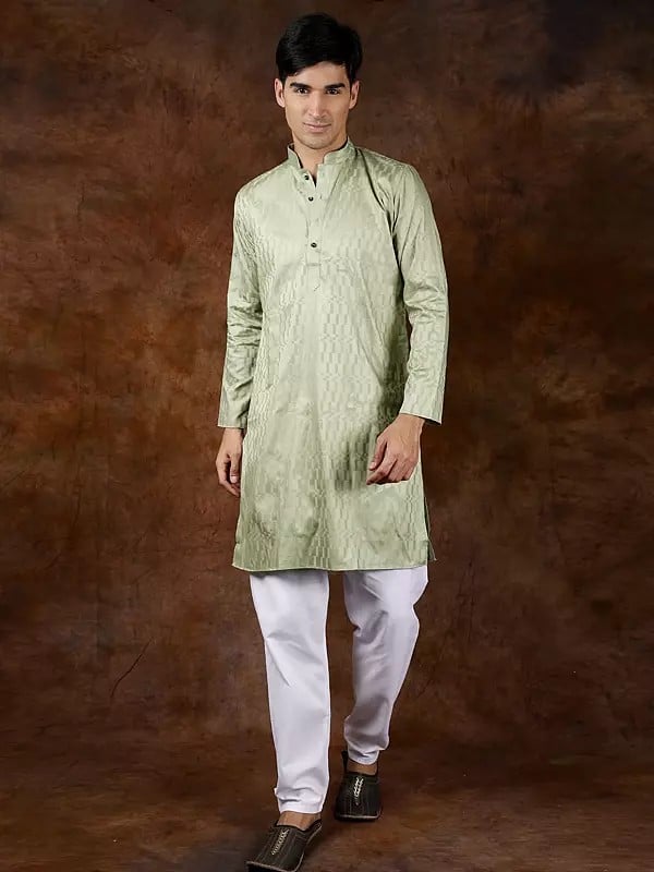 exotic india Smoke-Green Mandarin Collar Kurta with Self-Weave and White Pajama 