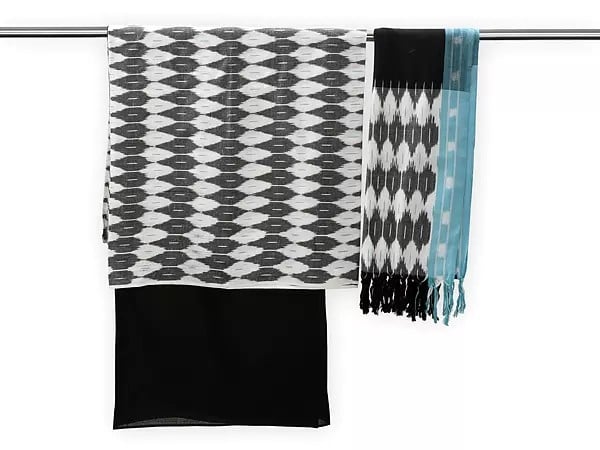 exotic india Smoky-Gray Salwar Kameez Fabric from Pochampally with Ikat Weave 