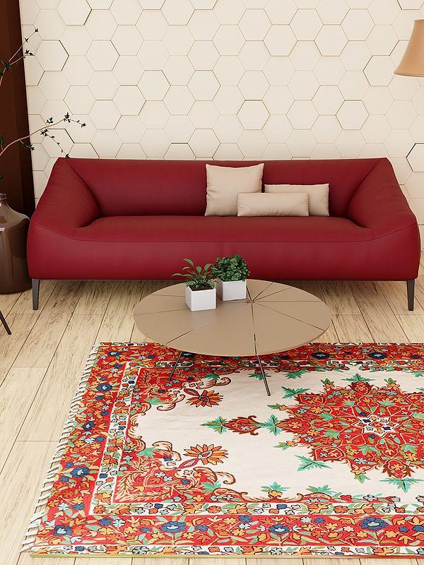 Exotic India Snow-White Chain Stitched Kashmiri Asana Carpet For Prayers
