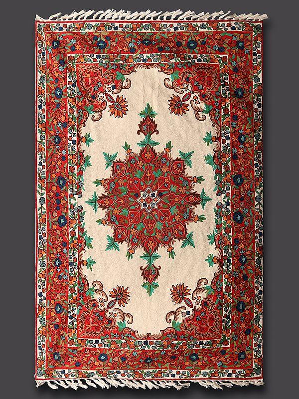 Exotic India Snow-White Chain Stitched Kashmiri Asana Carpet For Prayers