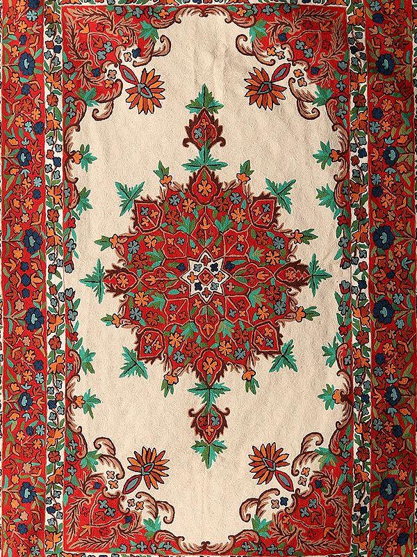 Exotic India Snow-White Chain Stitched Kashmiri Asana Carpet For Prayers