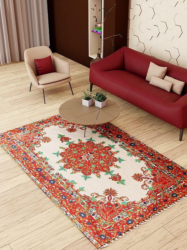 exotic india Snow-White Chain Stitched Kashmiri Asana Carpet for Prayers