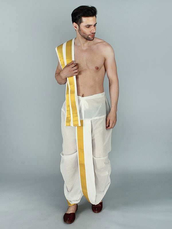 Exotic India Snow-White Cotton Dhoti And Veshti Ready To Wear Set With Rich Broad Zari Woven Border 