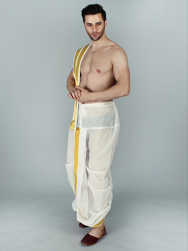 Exotic India Snow-White Cotton Dhoti And Veshti Ready To Wear Set With Rich Broad Zari Woven Border 