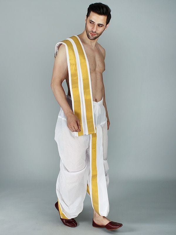 Exotic India Snow-White Cotton Dhoti And Veshti Ready To Wear Set With Rich Broad Zari Woven Border 
