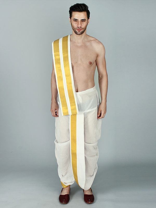 exotic india Snow-White Cotton Dhoti and Veshti Ready To Wear Set with Rich Broad Zari Woven Border 