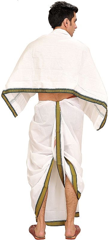Exotic India Snow-White Dhoti And Angavastram Set With Woven Border 
