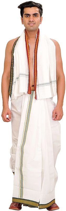 exotic india Snow-White Dhoti and Angavastram Set with Woven Border 