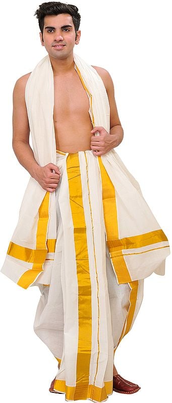 exotic india Snow-White Dhoti and Veshti Set from Kerala with Wide Golden Border 