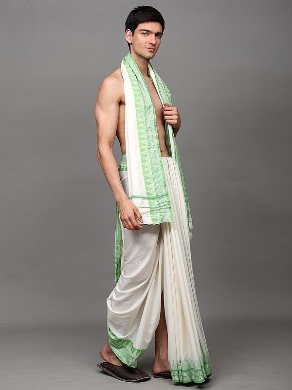Exotic India Snow-White Dhoti With Angavastram Set And Thread Woven Temple Border From Odisha 