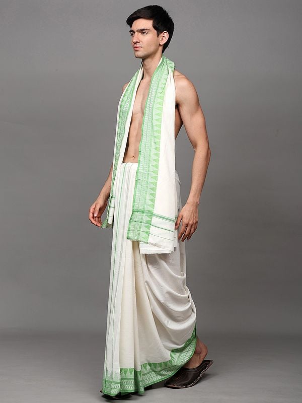 Exotic India Snow-White Dhoti With Angavastram Set And Thread Woven Temple Border From Odisha 