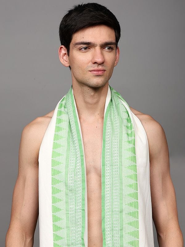 Exotic India Snow-White Dhoti With Angavastram Set And Thread Woven Temple Border From Odisha 
