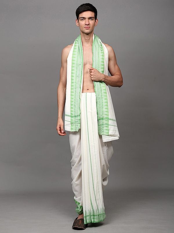 exotic india Snow-White Dhoti with Angavastram Set and Thread Woven Temple Border from Odisha 