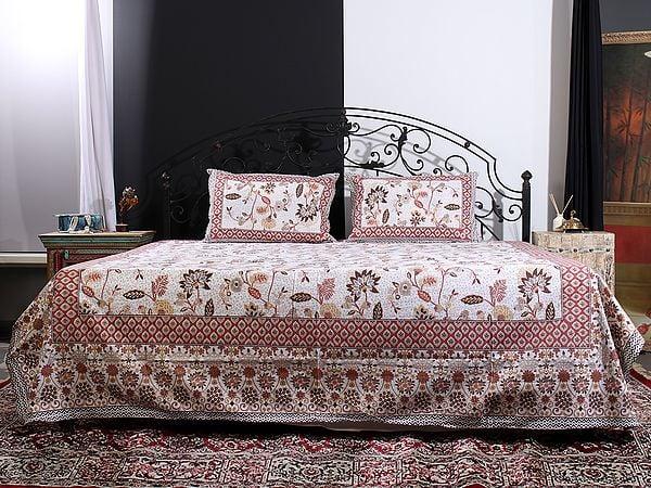 Exotic India Snow-White Floral Pattern Gold Handblock Printed Cotton Queen Size Bedsheet With Two Pillow Cover 