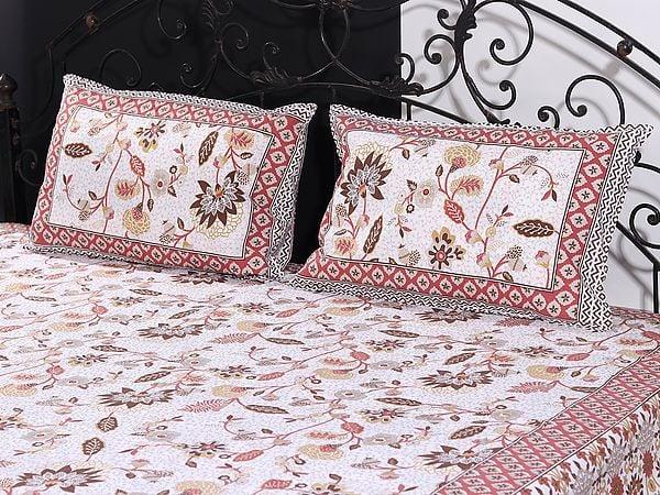 Exotic India Snow-White Floral Pattern Gold Handblock Printed Cotton Queen Size Bedsheet With Two Pillow Cover 