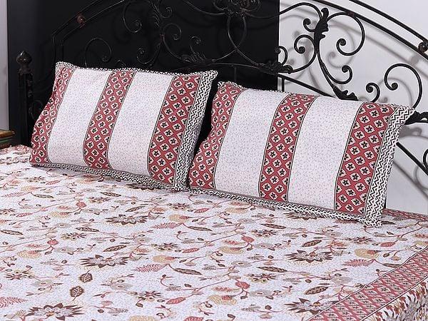 Exotic India Snow-White Floral Pattern Gold Handblock Printed Cotton Queen Size Bedsheet With Two Pillow Cover 