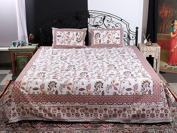 exotic india Snow-White Floral Pattern Gold Handblock Printed Cotton Queen Size Bedsheet With Two Pillow Cover 