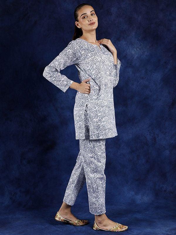 Exotic India Snow-White Pure Cotton Co-Ord Set With Block Printed Coral Patterns