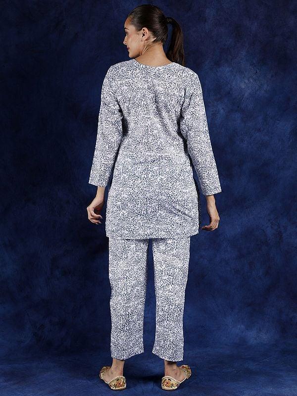 Exotic India Snow-White Pure Cotton Co-Ord Set With Block Printed Coral Patterns