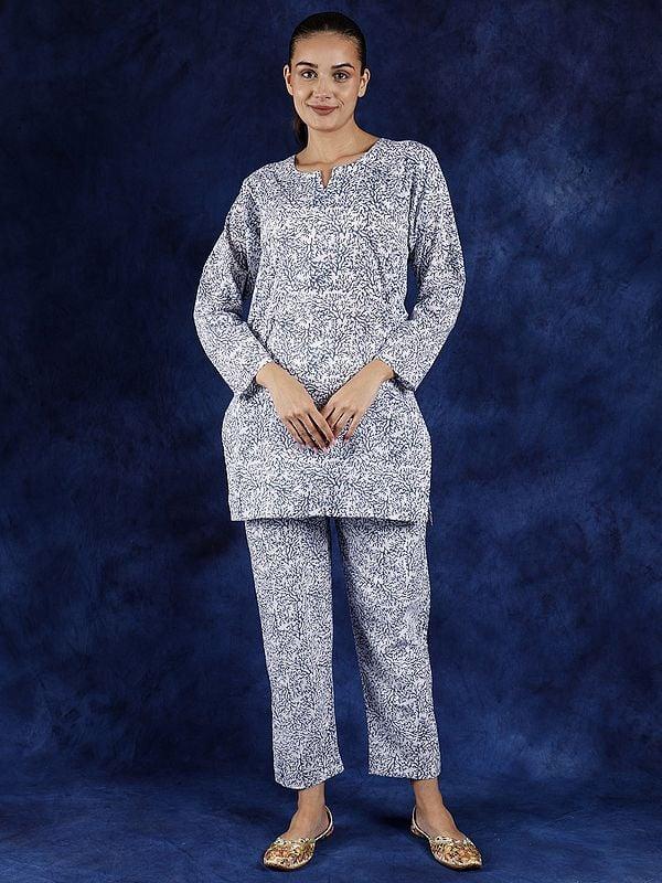 exotic india Snow-White Pure Cotton Co-Ord Set with Block Printed Coral Patterns 