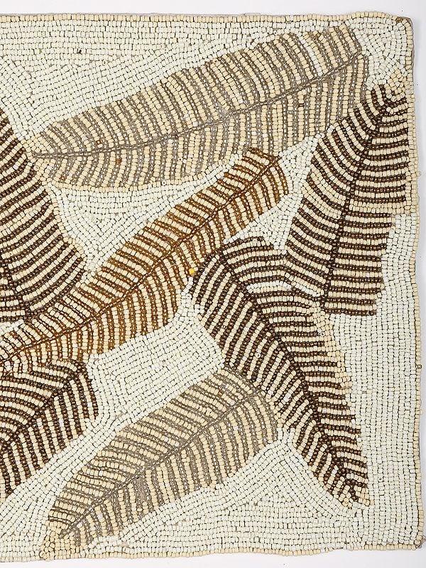 Exotic India Snow-White Rectangle Shaped Table Runner With Bead Embroidered Leaves 