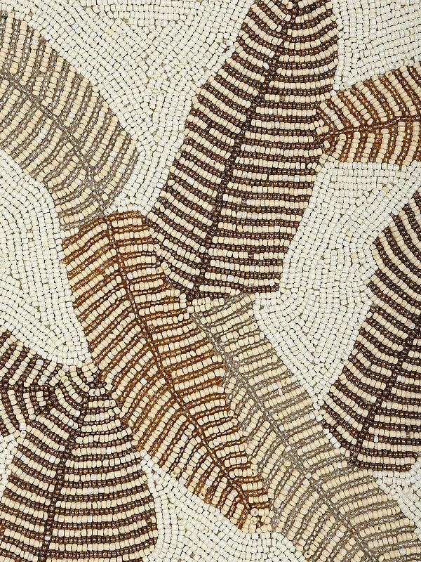 Exotic India Snow-White Rectangle Shaped Table Runner With Bead Embroidered Leaves 