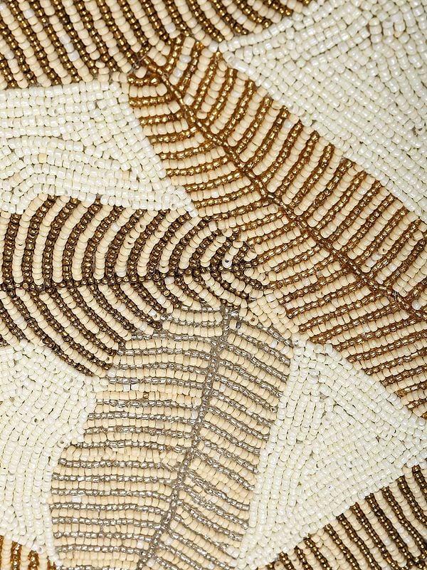 Exotic India Snow-White Rectangle Shaped Table Runner With Bead Embroidered Leaves 