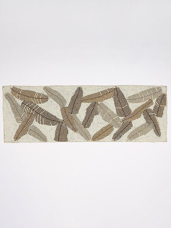 exotic india Snow-White Rectangle Shaped Table Runner with Bead Embroidered Leaves 