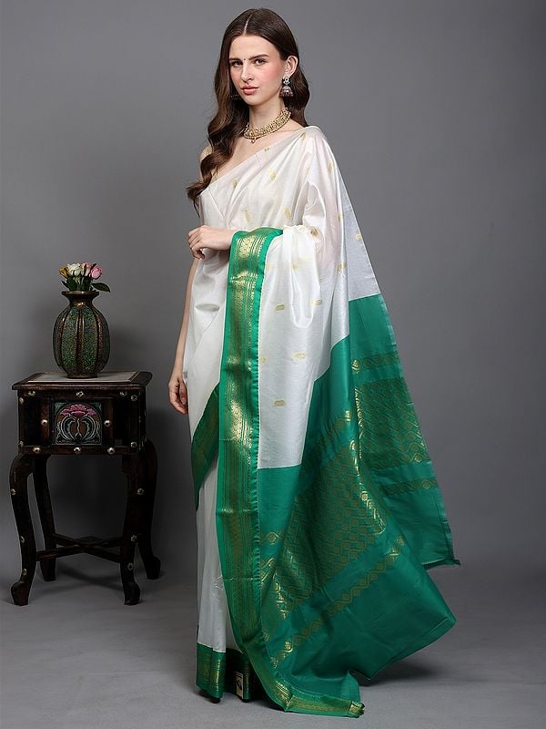 Exotic India Snow-White Temple Saree With Zari Woven Motifs And Contrast Pallu-Border From Kumbakonam 
