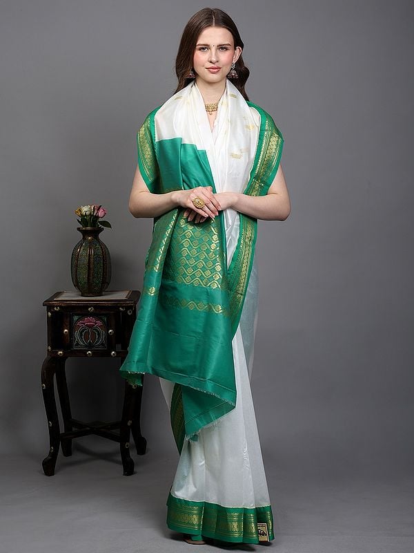 Exotic India Snow-White Temple Saree With Zari Woven Motifs And Contrast Pallu-Border From Kumbakonam 