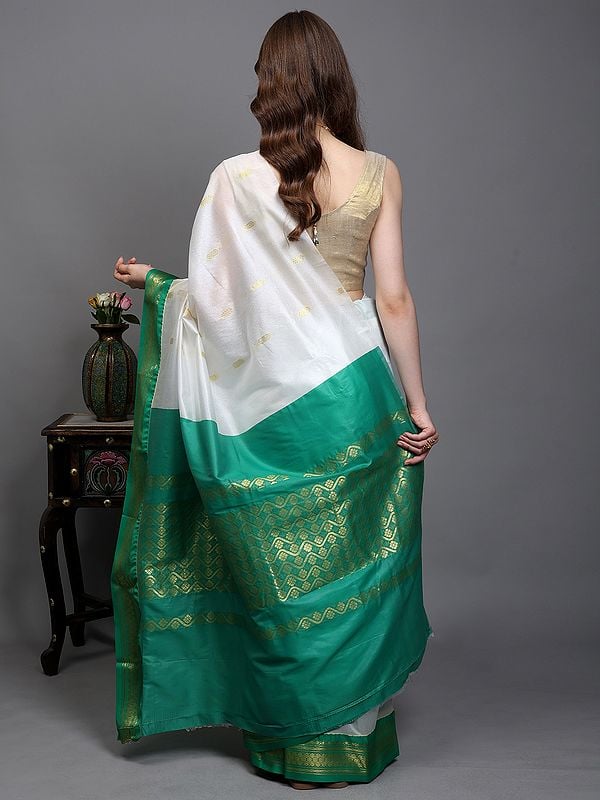 Exotic India Snow-White Temple Saree With Zari Woven Motifs And Contrast Pallu-Border From Kumbakonam 