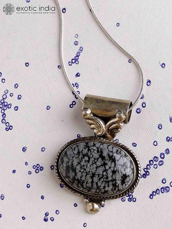 exotic india Snowflake Obsidian Cabochon Pendant in Sterling Silver