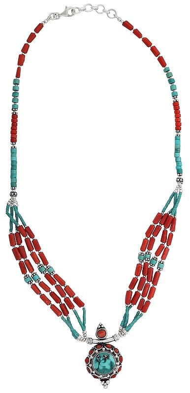 exotic india Sober Sterling Silver Necklace with Coral and Turquoise Stone
