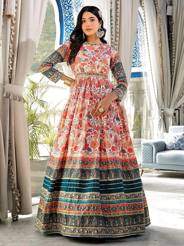 Exotic India Soft Dola Silk Ethnic Motifs Digital Printed Attractive Festive Wear Anarkali Gown With Chinon Dupatta 