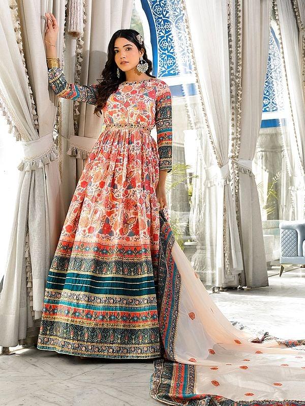 Exotic India Soft Dola Silk Ethnic Motifs Digital Printed Attractive Festive Wear Anarkali Gown With Chinon Dupatta 